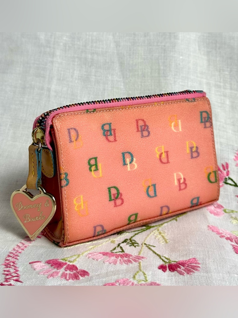 Vintage Dooney & Bourke Pink DB Monogram Zip Wallet Coin Purse Heart Charm